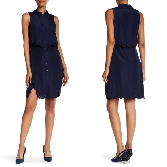 Parker overlay shirt dress navy blue lace collared size small - Picture 2 of 9